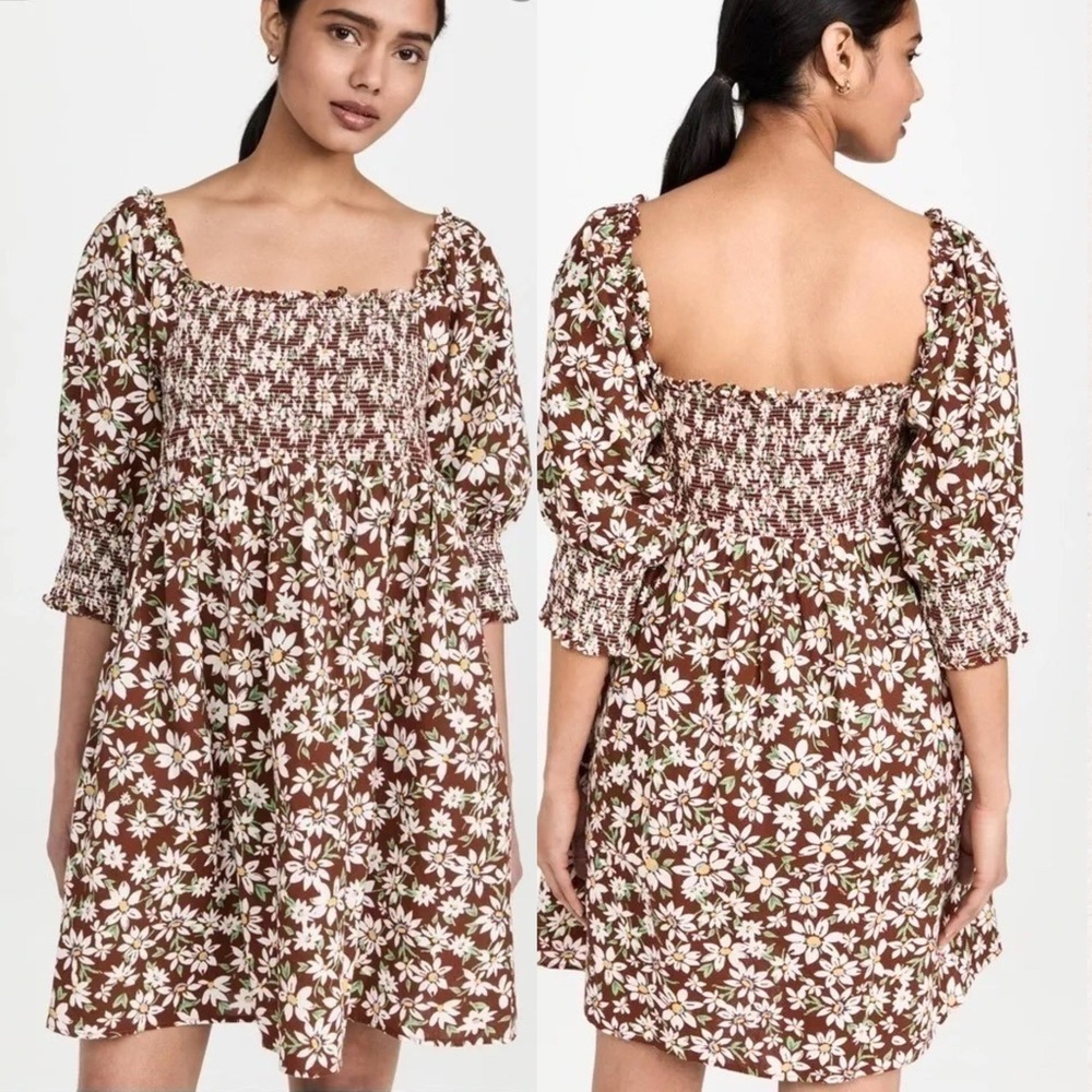 Rixo Brenda Floral Smocked Linen Mini Dress, Brown Daisy Small UK 10 US 6‎